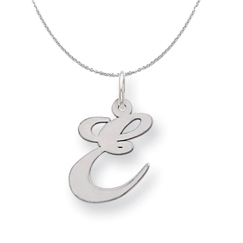 Silver, Ella Collection Medium Fancy Script Initial E Necklace - 24 In